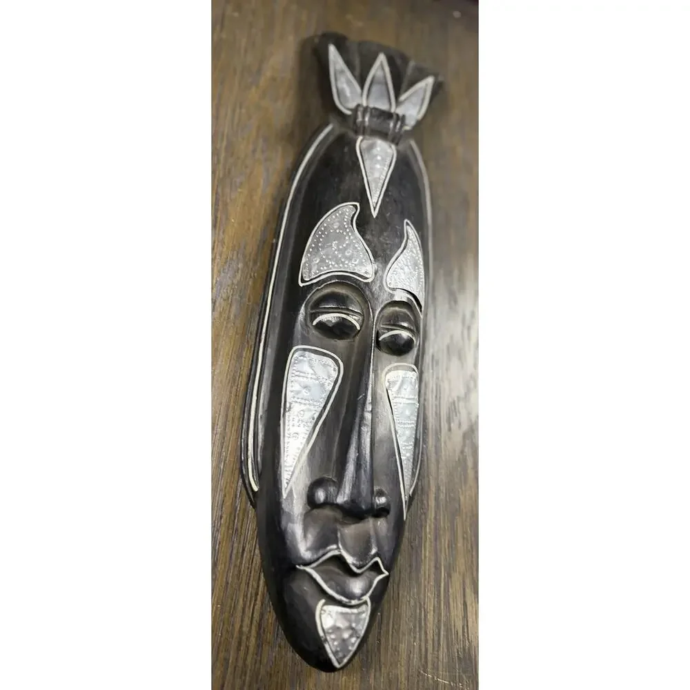 Vintage Ghana Hand Carved Wood Wall Mask Silver Metal 20” African Art